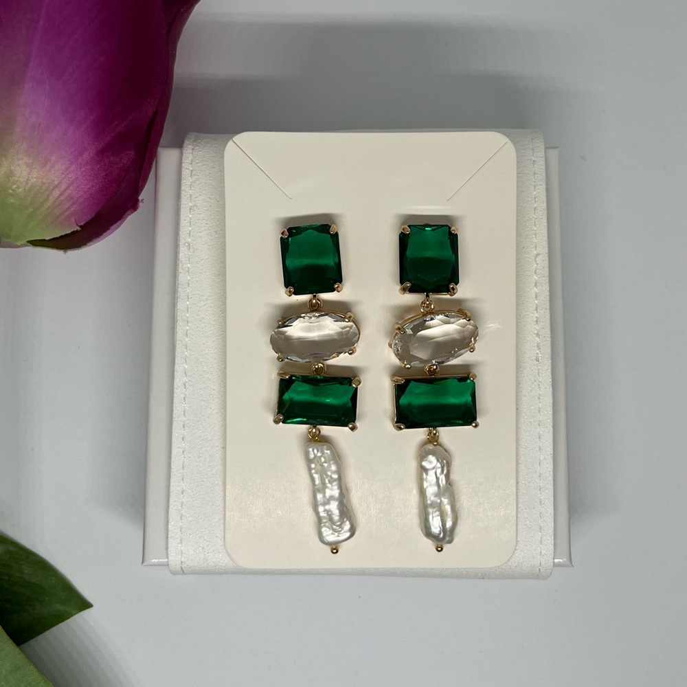 NATURAL PEARL & ZIRCON CRYSTAL DROP PENDANT EARRINGS